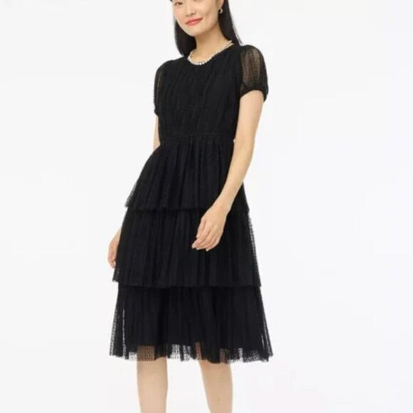 J. Crew Factory CE623 Black Pleated flock-dot puff-sleeve dress size 8 NWT - Picture 1 of 10